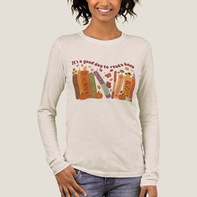 Buchbuch Liebhaber Shirt, Kürbiskur und Herbstlaub Tri-Blend Shirt (Vorderseite)