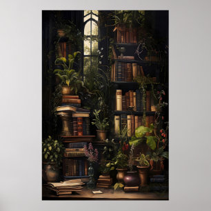 Buchdruck Botanik, Vintage-Buchhandlung, Dunkel Poster
