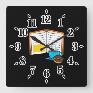 Buchen Sie Kaffee und Donut Cartoon Quadratische Wanduhr