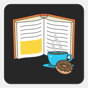 Buchen Sie Kaffee und Donut Cartoon Quadratischer Aufkleber