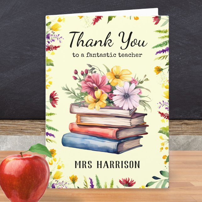 Bücher Blume Hübsch Personalisiert Lehrer Dankeskarte (A personalized card with 'Thank you to a fantastic teacher' words, and picture of books and flowers)