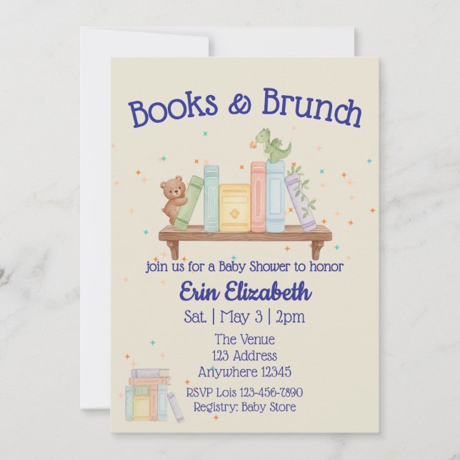 Bücher & Brunch Blaues Babyshower Einladung (Vorderseite)