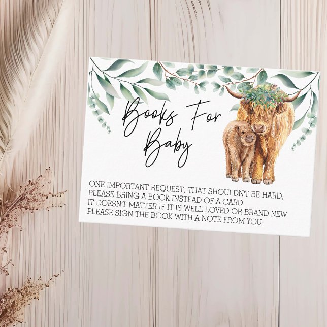 Bücher für Baby Shower Highland Cow Eucalyptus Visitenkarte (Von Creator hochgeladen)