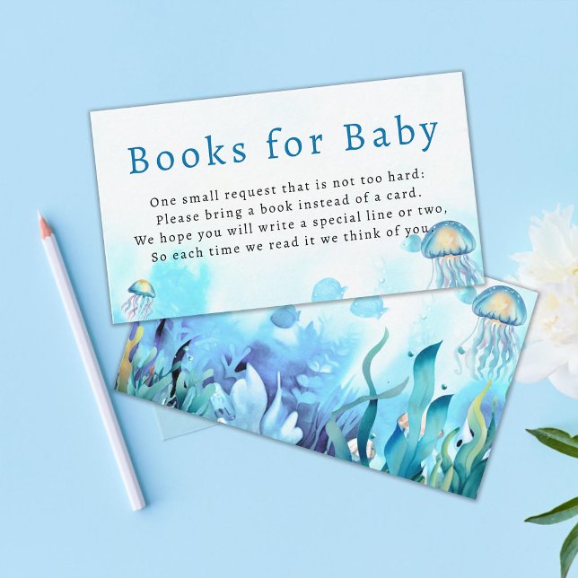 Bücher für Baby unter der Sea Blue Boy Baby Dusche Begleitkarte (books for baby under the sea enclosure card boy baby shower watercolor jellyfish seaweed fish blue)