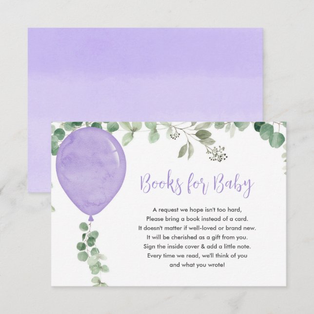 Bücher für lila Babyballon Eukalyptus Begleitkarte (Vorne/Hinten)