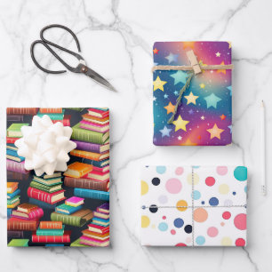 Bücher Galaxie Sterne Farbige Tupfen Schul-Thema Geschenkpapier Set