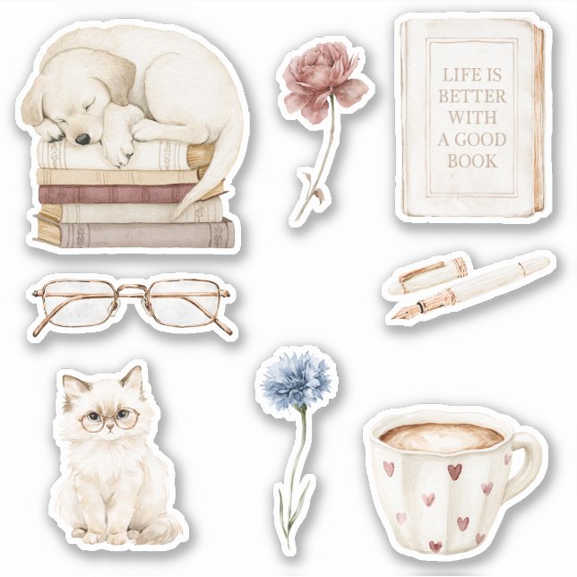 Bücher Hund Katze Blumen Aufkleber (Vorderseite)
