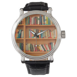 Bücher im Hintergrund der virtuellen Bibliothek Armbanduhr