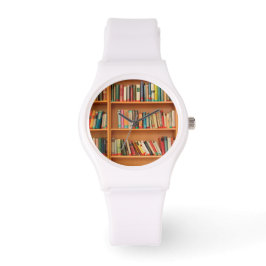 Bücher im Hintergrund der virtuellen Bibliothek Armbanduhr
