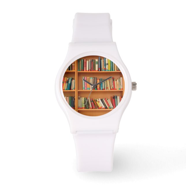 Bücher im Hintergrund der virtuellen Bibliothek Armbanduhr (Vorderseite)