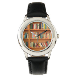 Bücher im Hintergrund der virtuellen Bibliothek Armbanduhr