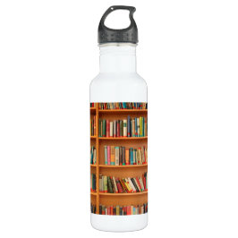 Bücher im Hintergrund der virtuellen Bibliothek Edelstahlflasche