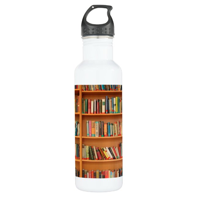 Bücher im Hintergrund der virtuellen Bibliothek Edelstahlflasche (Vorderseite)