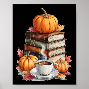 Bücher Kaffee Herbst Blätter Und Kürbisse Vintage  Poster