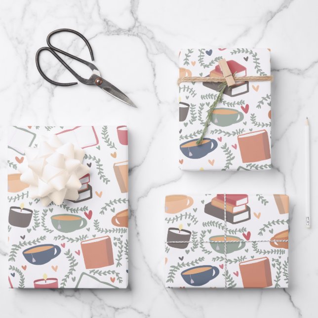Bücher, Kerzen und Tee Geschenkpapier Set (Vorderseite)