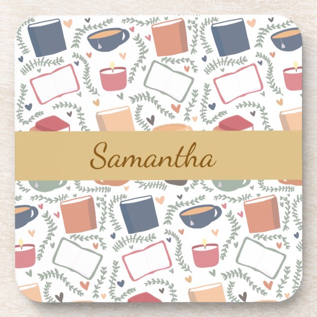 Bücher, Kerzen und Tee Getränkeuntersetzer (Vorderseite)