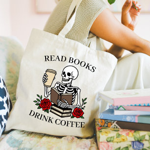 Bücher lesen Kaffee trinken lustiges Skelett Büche Tragetasche