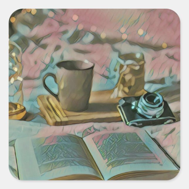 Bücher lesen, Kaffee trinken Quadratischer Aufkleber (Vorderseite)