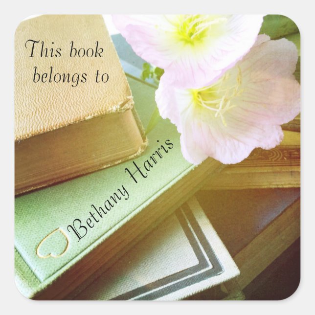 Bücher und Blume Quadratischer Aufkleber (Vorderseite)