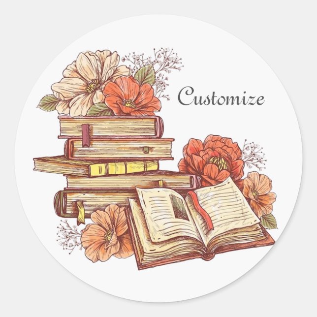 Bücher und Blume Runder Aufkleber (Vorderseite)