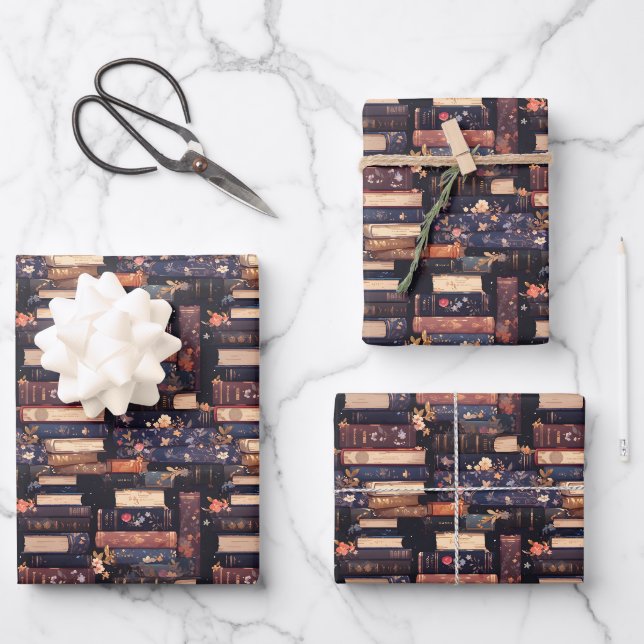 Bücher und Blumen auf Schwarz Geschenkpapier Set (Vorderseite)