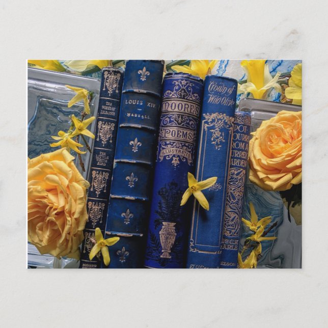 Bücher und Blüten (blau & gelb) Postkarte (Vorderseite)
