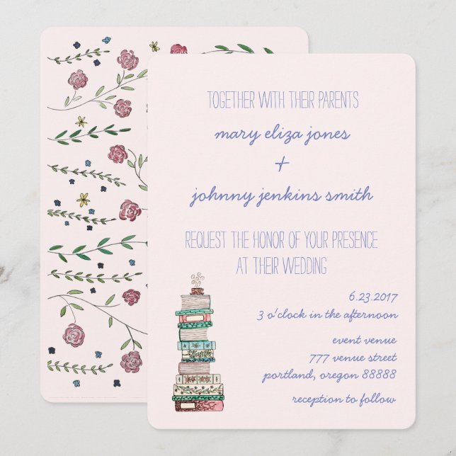Bücher und Blüten Einladungen für Hochzeiten (Vorne/Hinten)