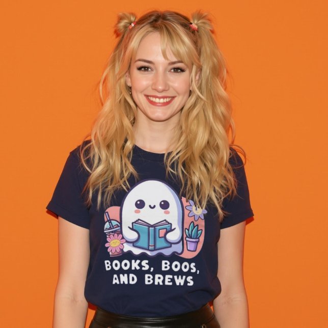 Bücher und Brötchen Groovy Lesen Kaffeegastuhl T-Shirt (Books Boos and Brews Groovy Reading Coffee Ghost T-Shirt.)