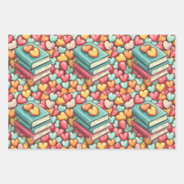 Bücher und Candy Hearts Valentinstag Geschenkpapier Set