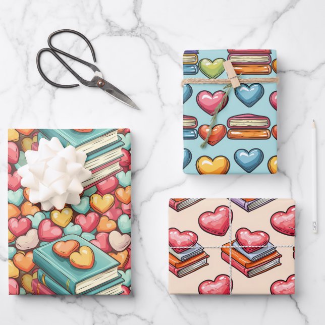 Bücher und Candy Hearts Valentinstag Geschenkpapier Set (Vorderseite)