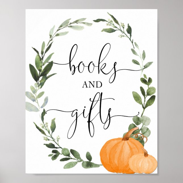 Bücher und Geschenke fallen Kürbis Babyduschzeiche Poster (Vorne)