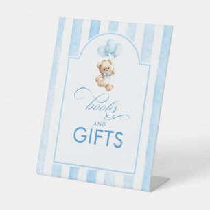Bücher und Geschenke Teddybär Blaue Babyparty Sockelschild