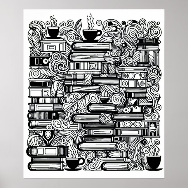 Bücher und Kaffeefarbe Ich Doodle Poster (Vorne)