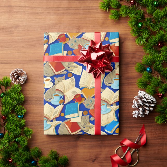Bücher und Katzen auf blau Geschenkpapier (Feiertagsgeschenk)