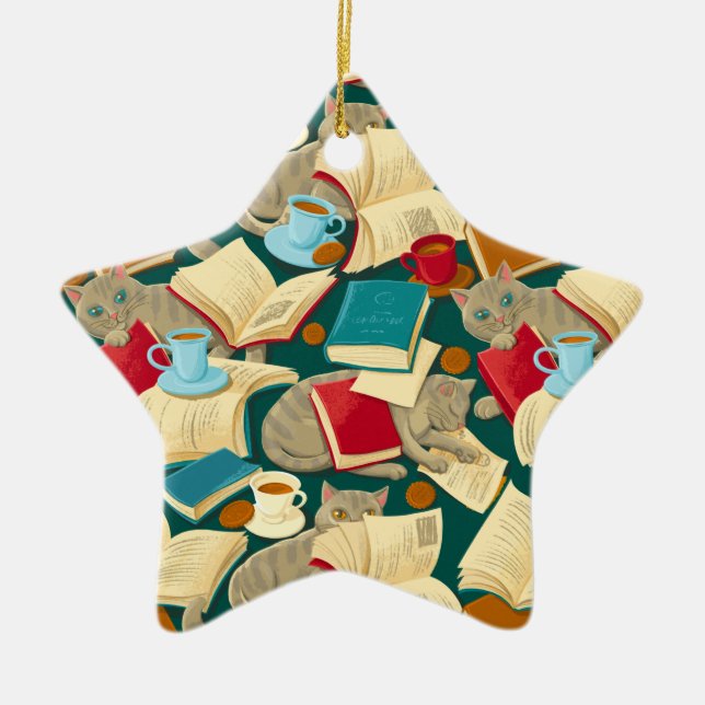 Bücher und Katzen Keramik Ornament (Vorne)