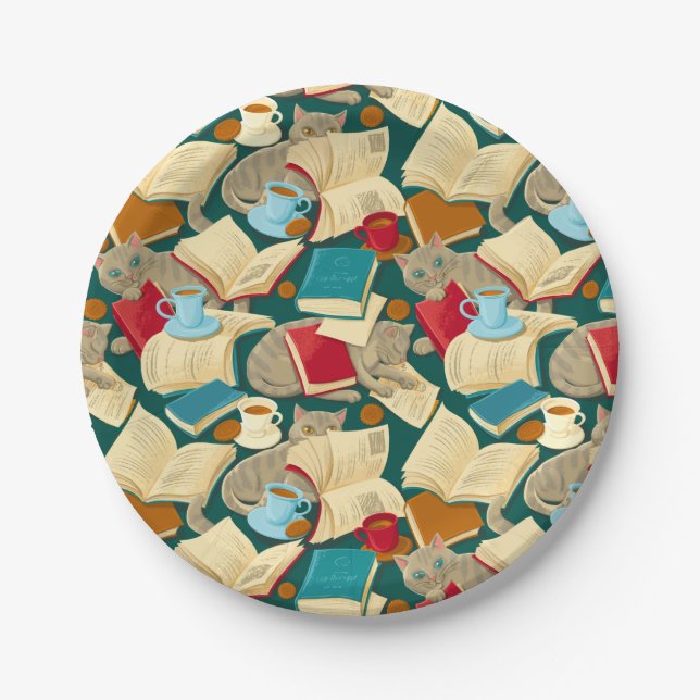 Bücher und Katzen Pappteller (Vorderseite)