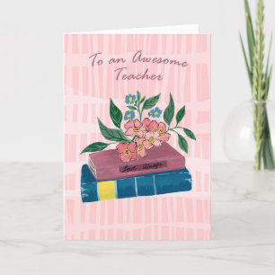 Bücher und rosa Blume für Lehrer Dankeskarte