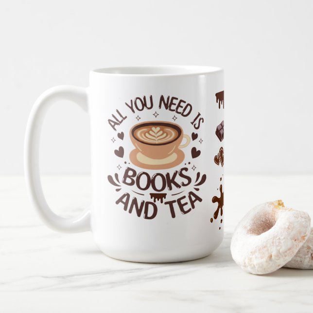 Bücher und Tea Cozy Reader Grafik Kaffeetasse (Mit Donut)