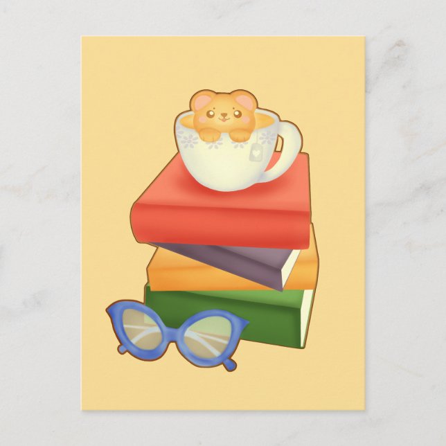 Bücher und Teebecher Postkarte (Vorderseite)