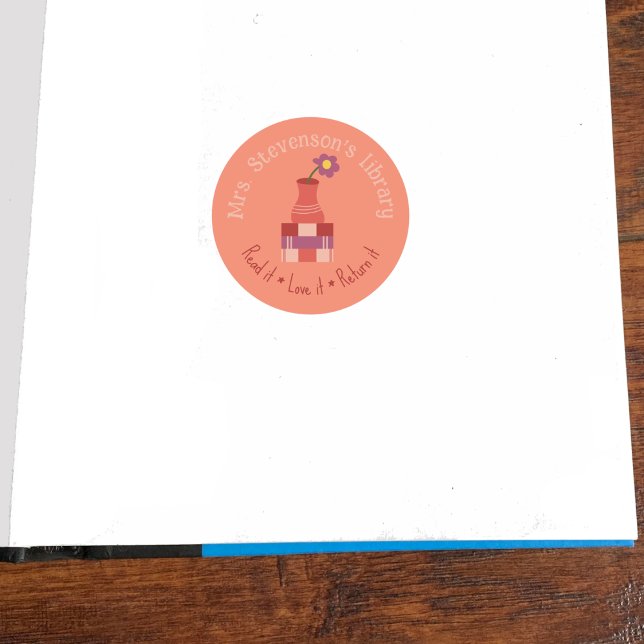 Bücher und Vase Peach Teacher Library Sticker (Classroom library round bookplate . )