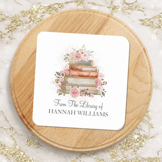 Bücher und Vintage Rosen Buchzeichen Quadratischer Aufkleber (In situ)