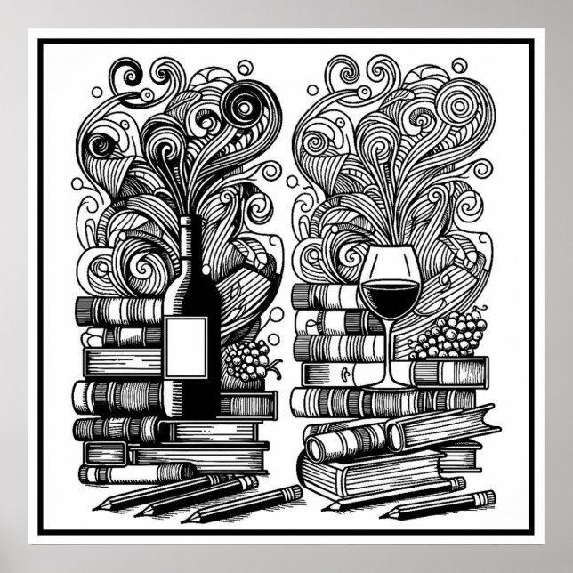 Bücher und Wein Farbe ich Doodle Poster (Vorne)