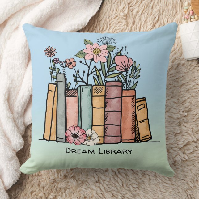 Bücher und wilde Blume Traumbibliothek blau grün Kissen (Decke)