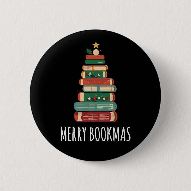 Bücher Weihnachtsbaum Merry Bookmas Button (Vorderseite)
