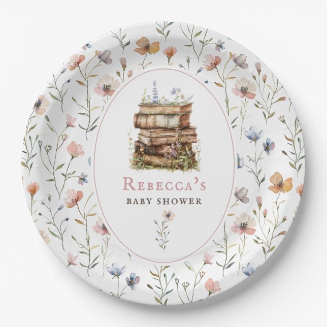 Bücherstapel Babydusche Wasserfarbe, Wildblume Pappteller (Vorderseite)