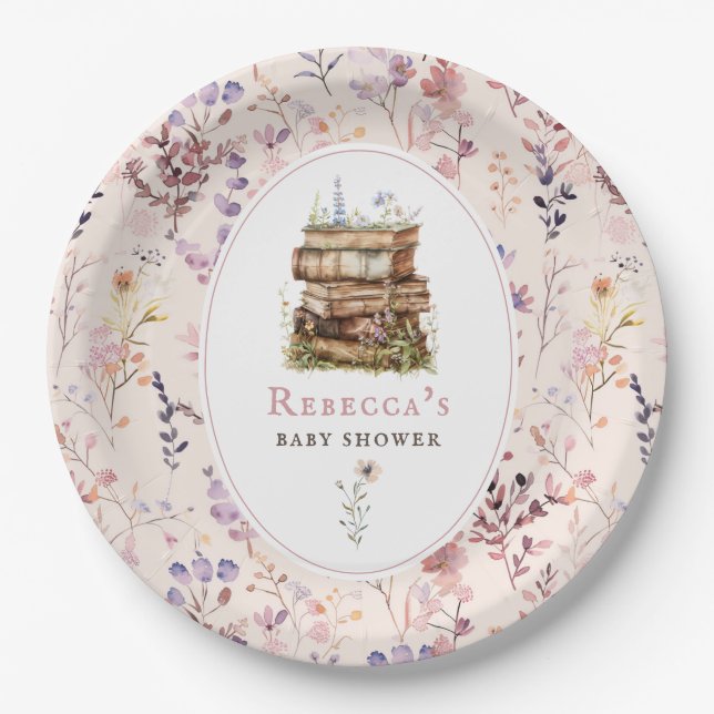 Bücherstapel Babydusche Wasserfarbe, Wildblume Pappteller (Vorderseite)