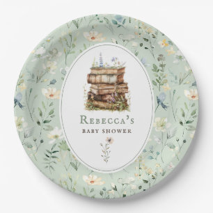 Bücherstapel Babydusche Wasserfarbe, Wildblume Pappteller