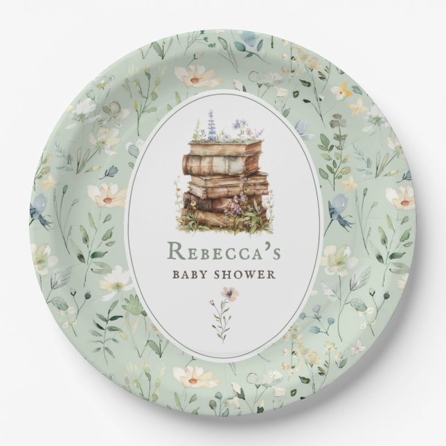 Bücherstapel Babydusche Wasserfarbe, Wildblume Pappteller (Vorderseite)