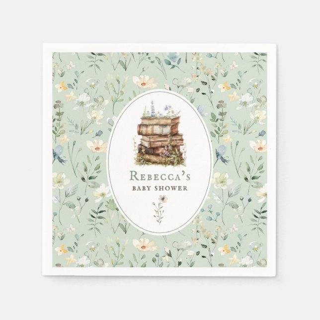 Bücherstapel Babydusche Wasserfarbe, Wildblume Serviette (Vorderseite)