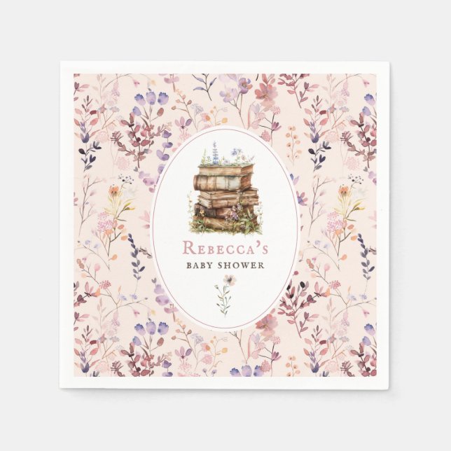 Bücherstapel Babydusche Wasserfarbe, Wildblume Serviette (Vorderseite)